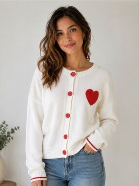 Tremour White Heart Cardigan L Red Buttons Preppy Romantic Sweater
